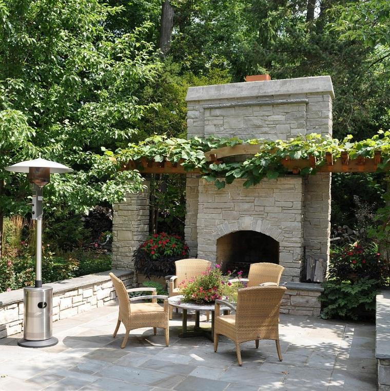 Stone fireplace and decorative wooden pergola