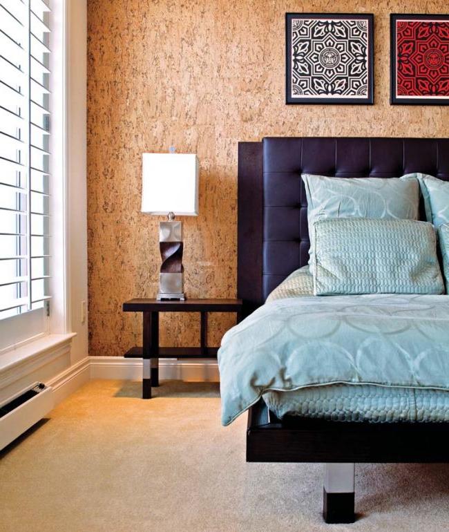 Cozy and warm bedroom with cork wall decoration