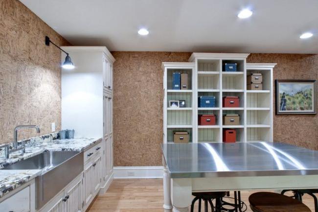 Spacious kitchen with cork walls