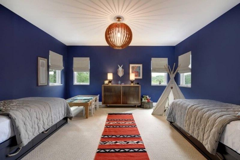 navy blue room with bright white ceiling