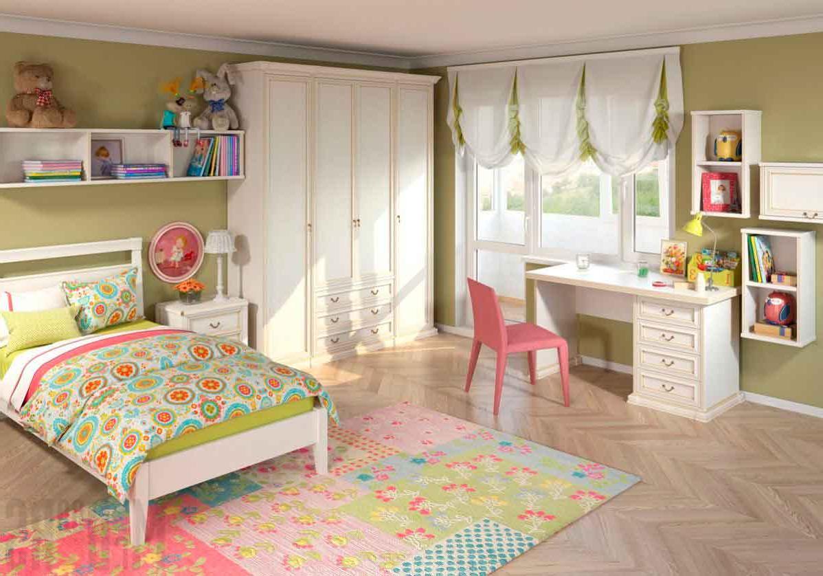 Classic nursery interior for a girl in a room with a balcony