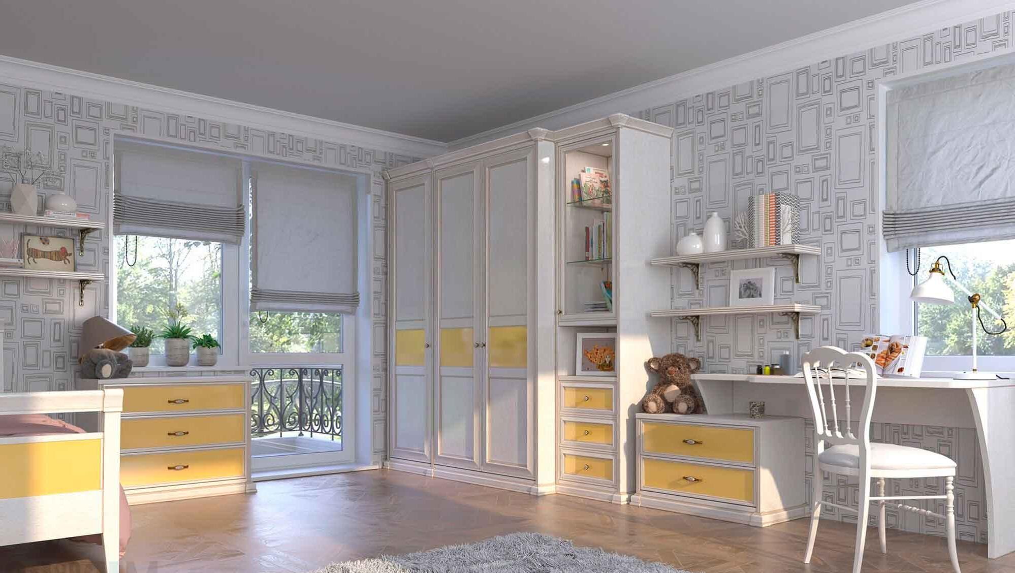 Design of a spacious children's room with pearl-colored furniture in a classic style