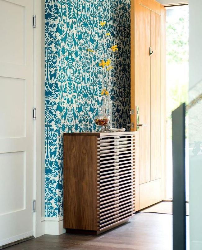 Elegant wooden shoe rack in the hallway