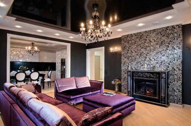 Living room interior with black stretch ceiling