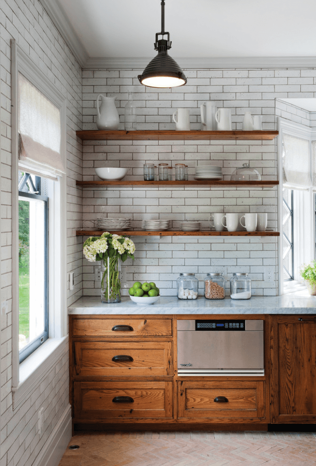 Option of kitchen furniture with shelves instead of wall cabinets