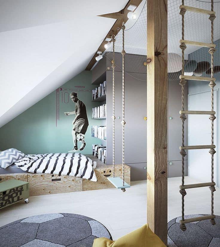 Unusual interior of the bedroom of a young football player