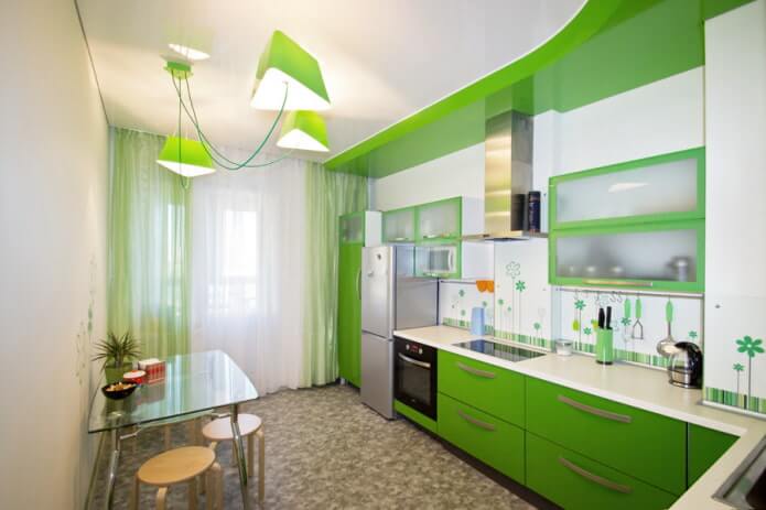 small kitchen and a two-level white-green ceiling