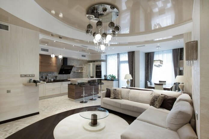 two-level ceiling combined with a chandelier.